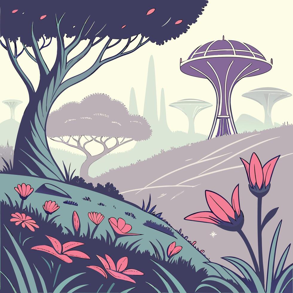 Whimsical alien landscape featuring stylized flora and futuristic mushroom like structures under a pale sky vector