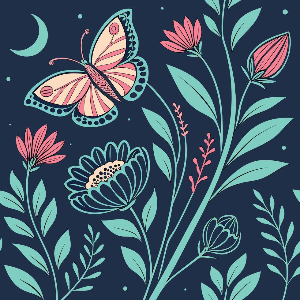 Whimsical butterfly and flowers under a crescent moon vector