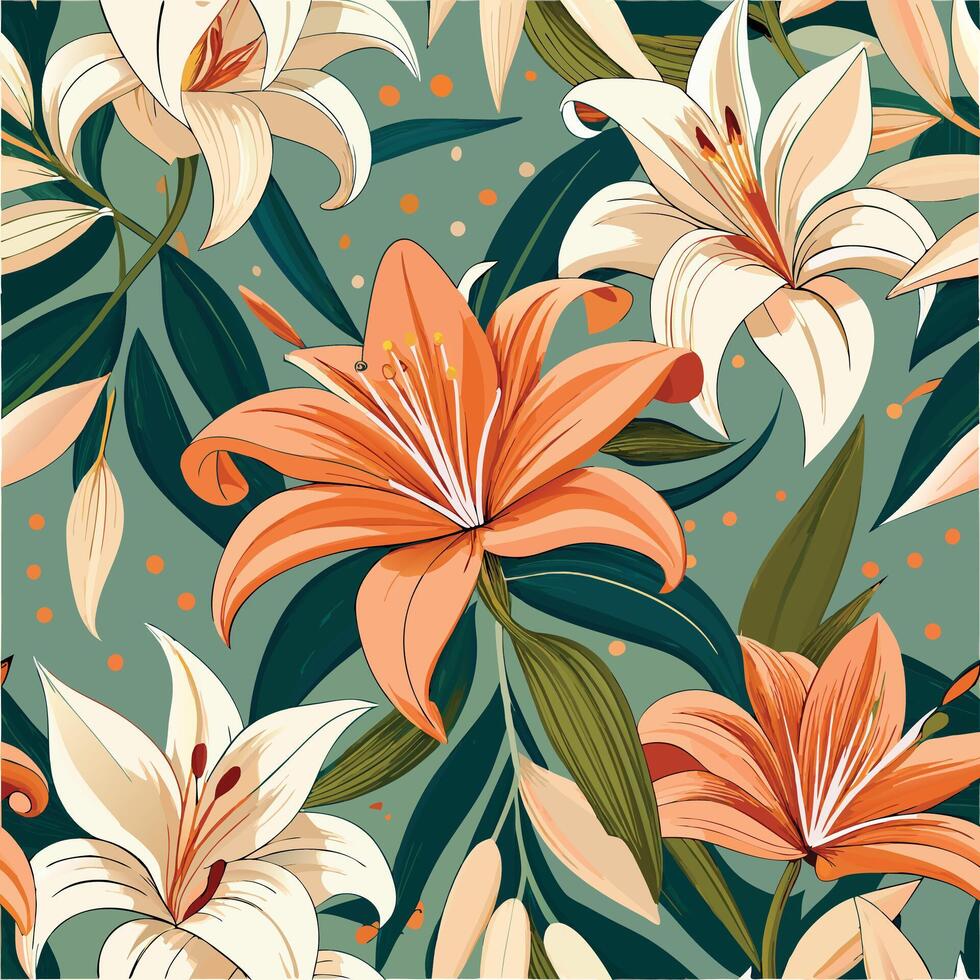 Seamless pattern with orange and white lilies tropical leaves vector