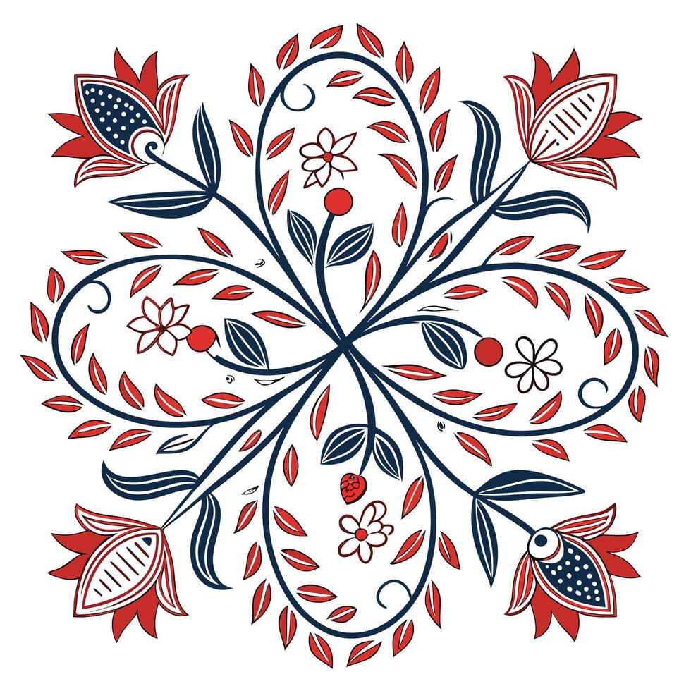 Folk Art Floral Mandala with Red and Blue Hand Drawn Flowers and Leaves vector
