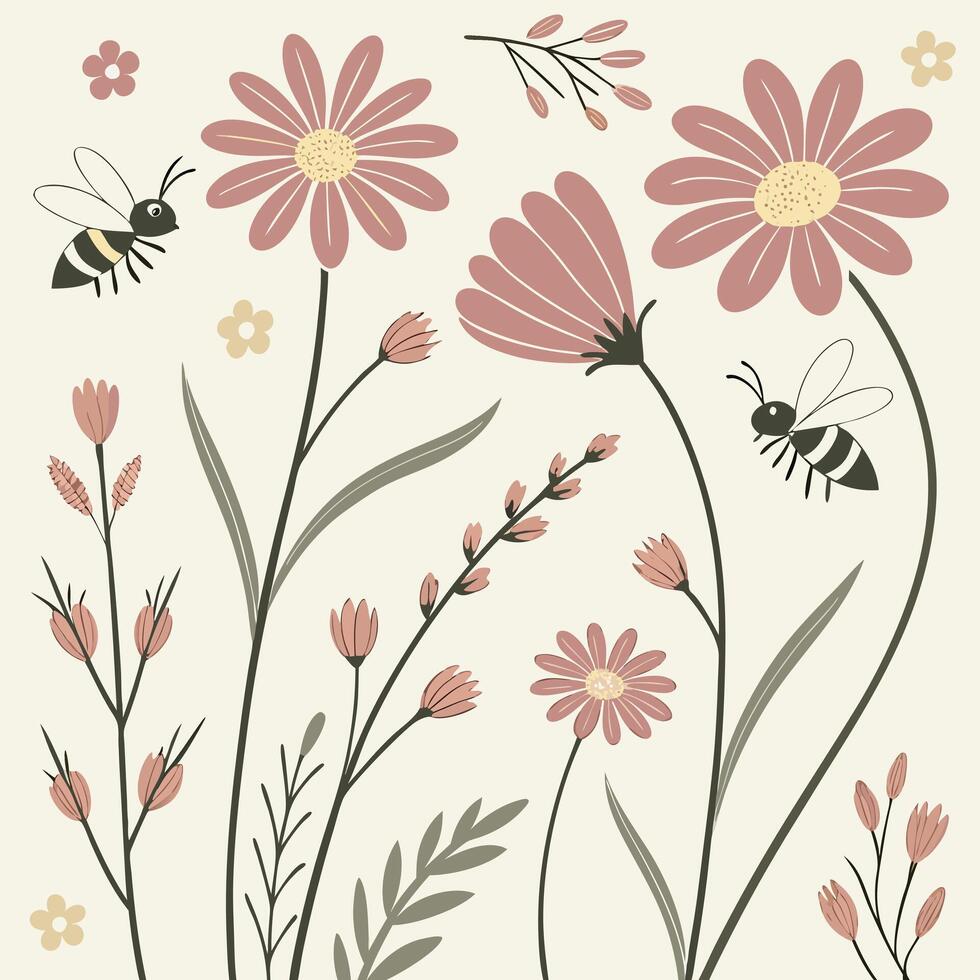 Charming illustration of bees buzzing around delicate pink wildflowers and green foliage on a soft cream background vector