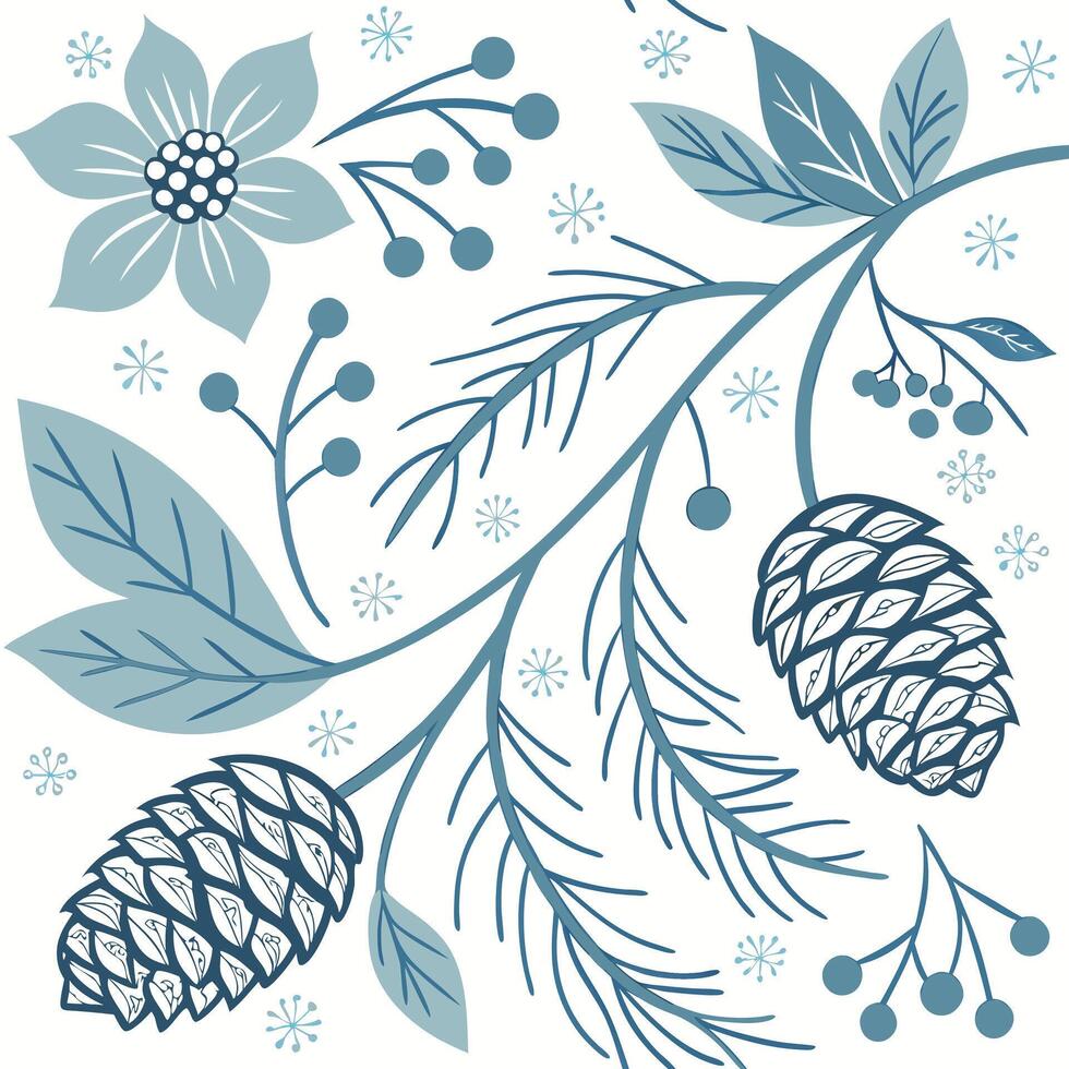 Charming blue and white winter pattern featuring pinecones evergreen branches berries and a stylized flower with snowflakes vector
