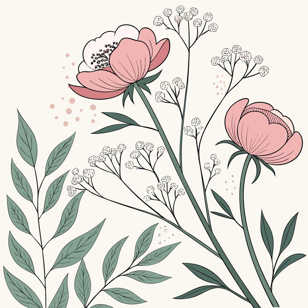 Delicate pink flowers and green leaves with subtle speckled accents vector