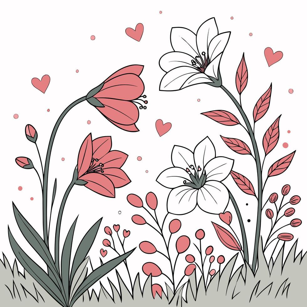 Charming illustration of pink and white flowers with delicate hearts and berries in a whimsical garden setting vector