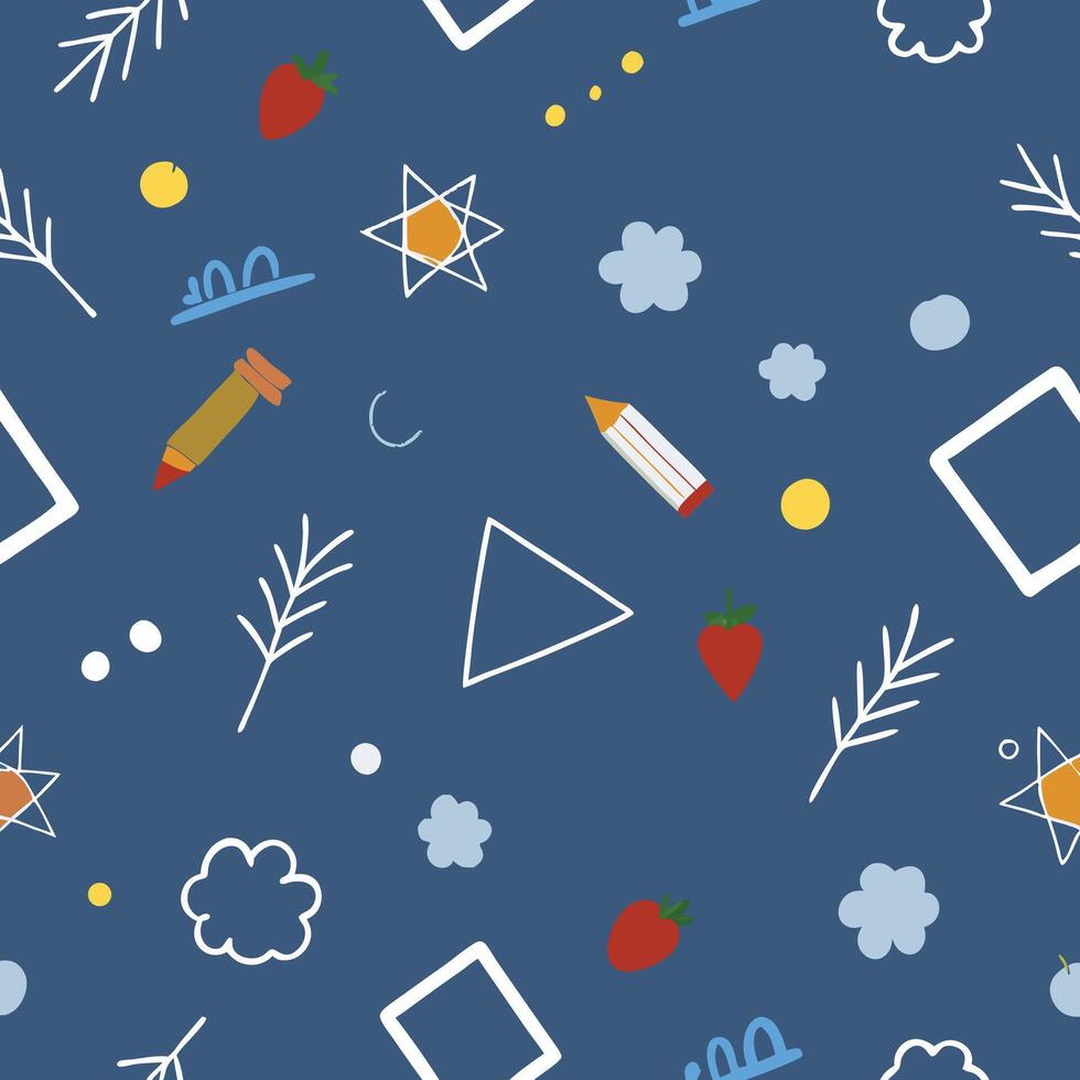 Seamless pattern with childlike drawings of crayons strawberries and shapes vector