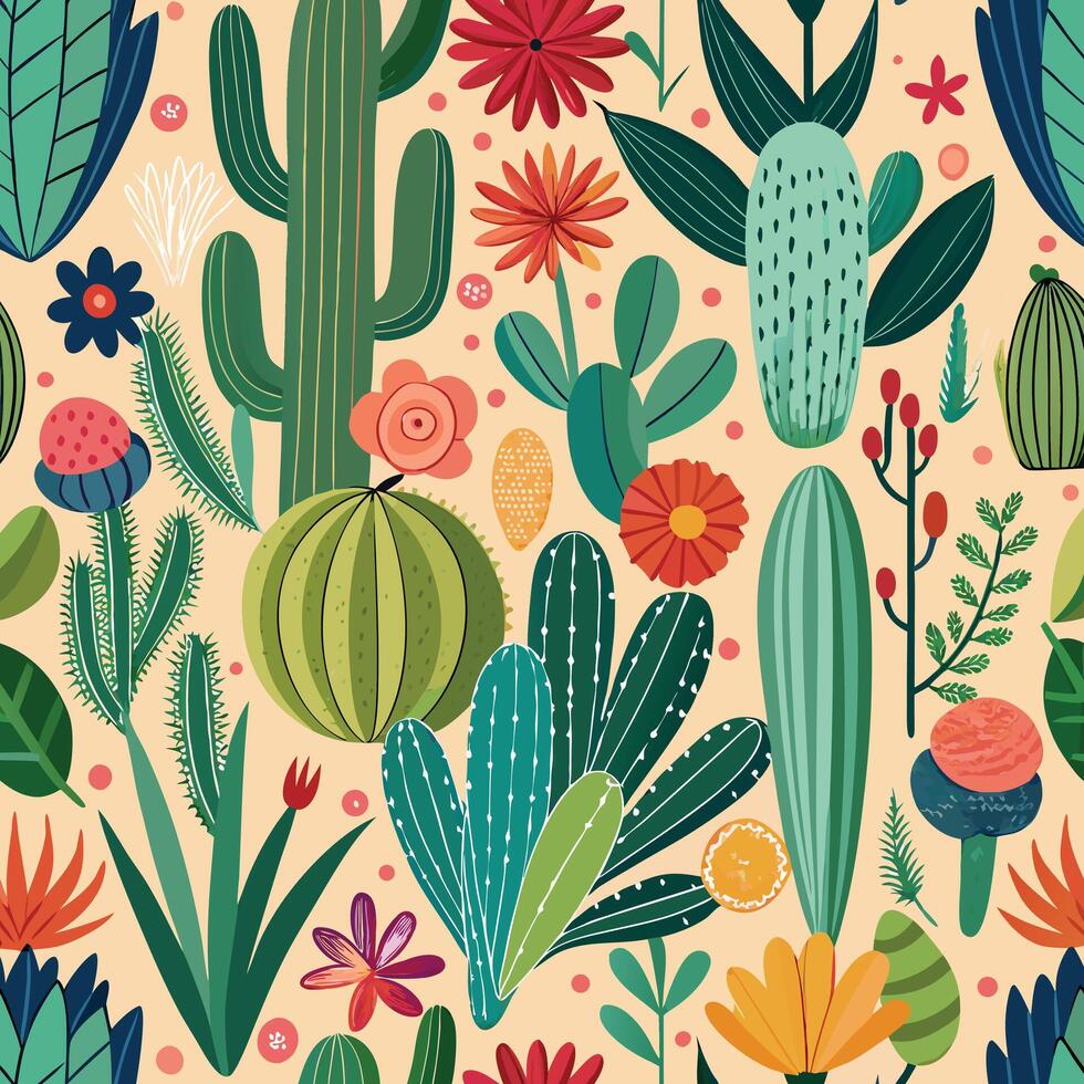 Colorful cactus and desert flower seamless pattern vector