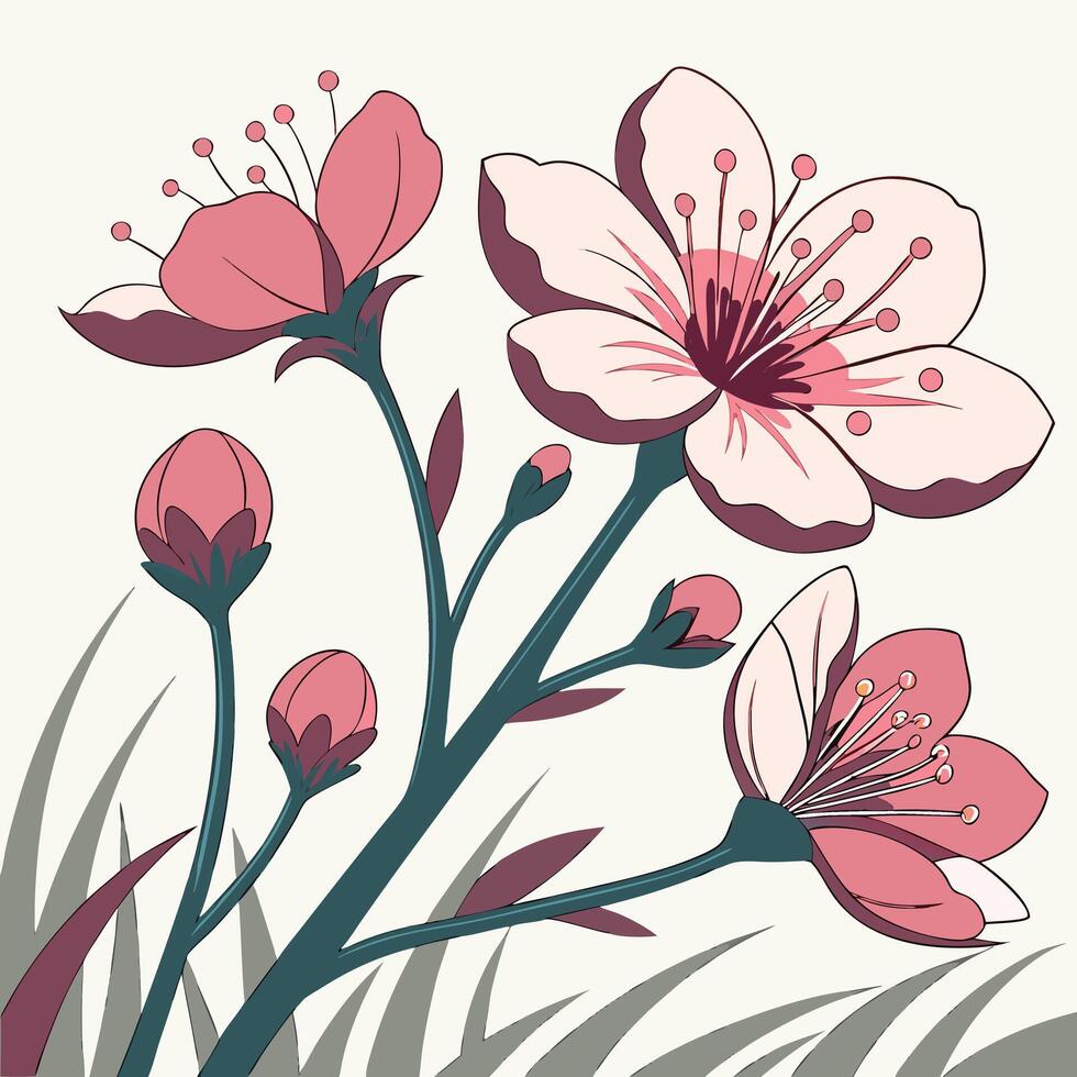Elegant Cherry Blossom Floral Illustration with Pink Blooms and Green Stems Perfect for Spring Art Print Stationery Wall Decor and Fabric Design vector