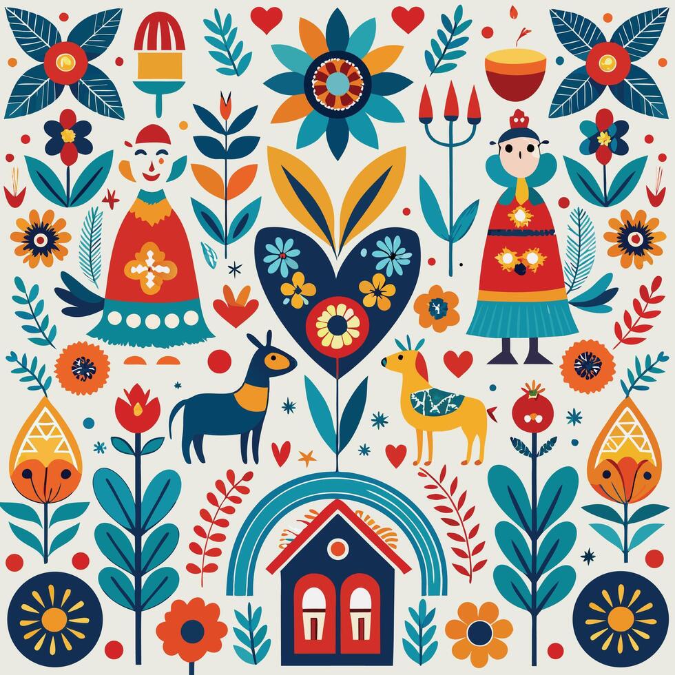 Folk art floral pattern with house and animals vector