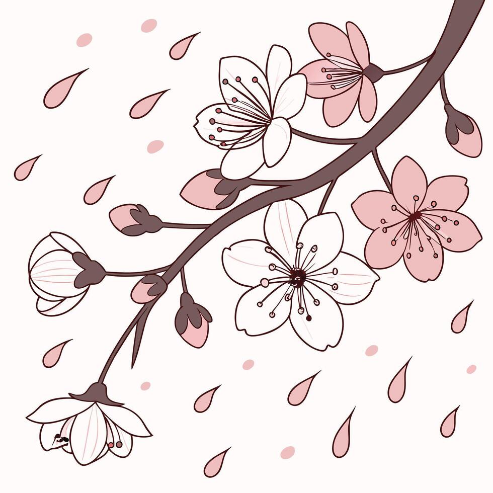 Cherry Blossom Branch with Falling Petals in Soft Pink Illustration for Floral and Nature Design vector