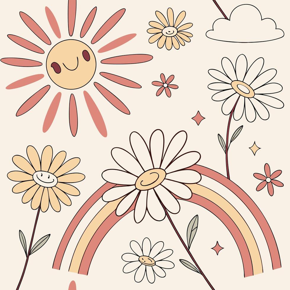 Retro groovy sun and flowers with rainbow and cloud illustration vector