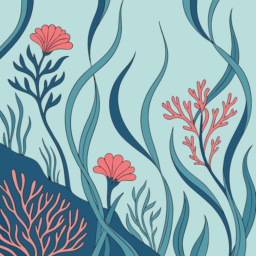 Stylized underwater scene with coral and seaweed in pastel tones vector