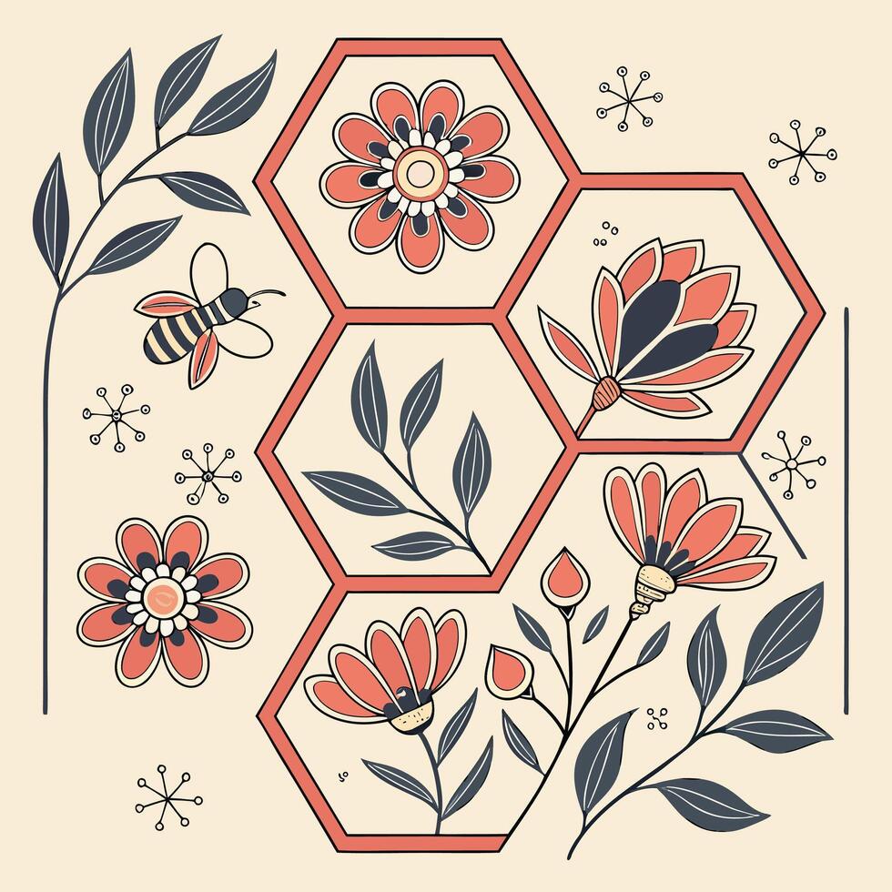 Whimsical honeycomb pattern with bees and floral motifs vector