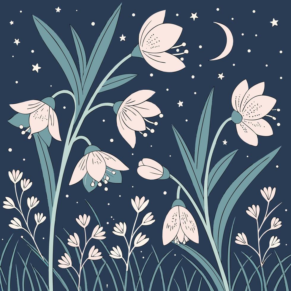 Enchanting night garden with bell flowers and crescent moon vector