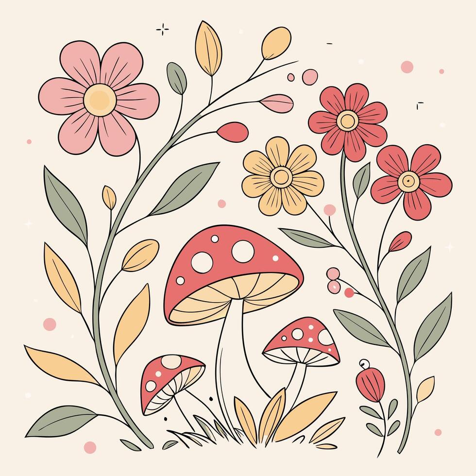 Mushrooms and Colorful Flowers Illustration with Leaves and Botanical Elements on Light Background vector