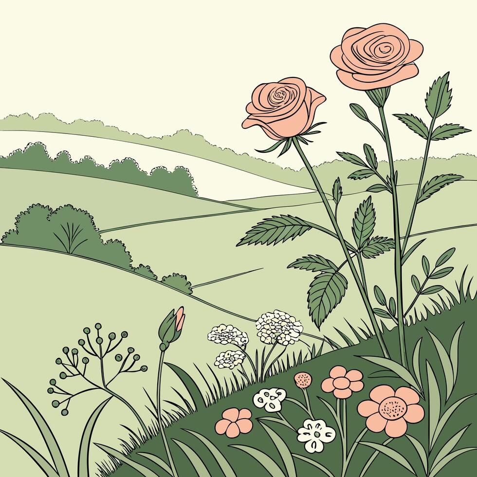 A serene pastoral landscape unfolds with delicate pink roses and wildflowers blooming on a gentle grassy slope overlooking rolling green hills vector