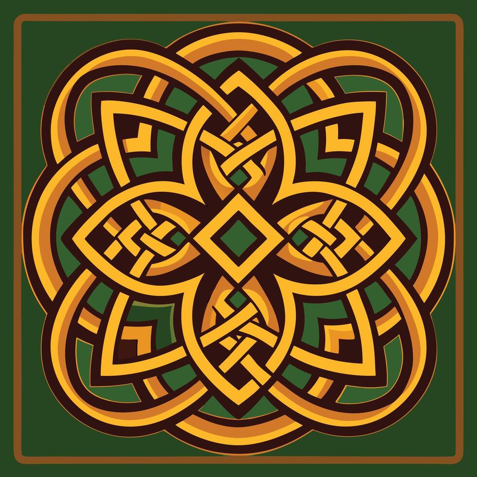 Ornate celtic knotwork design in gold and green vector