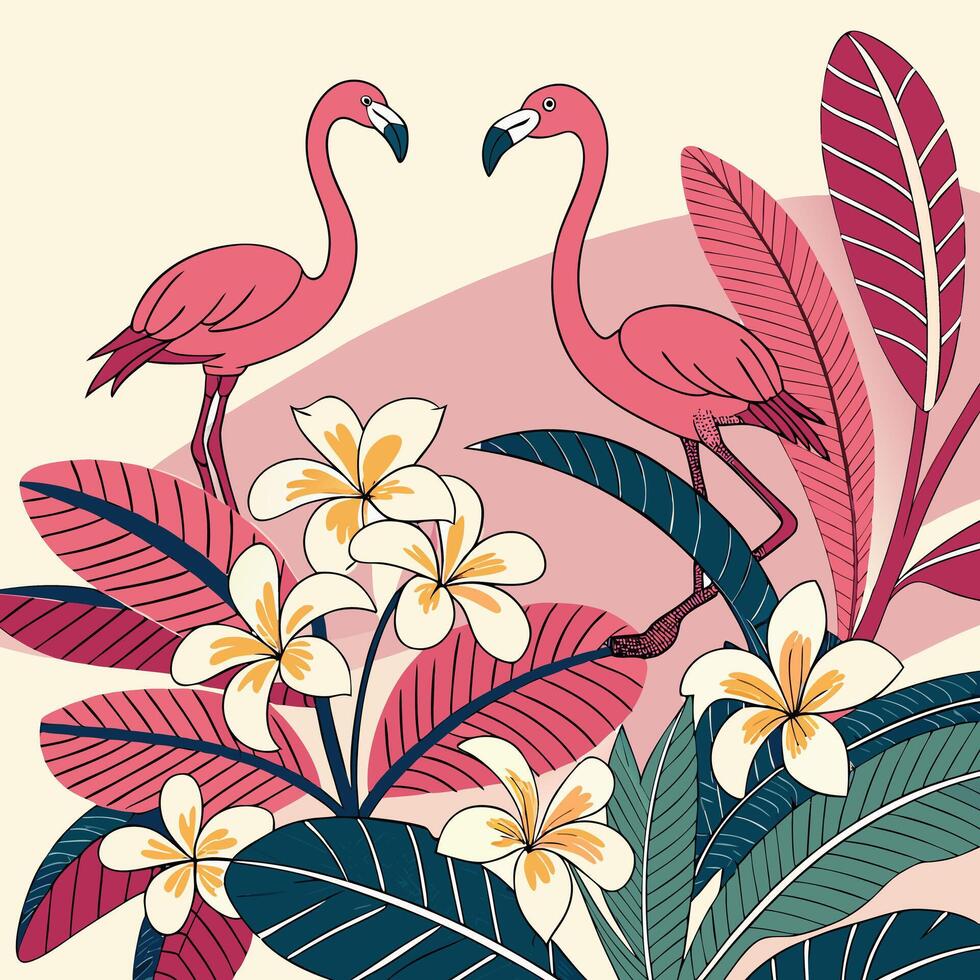Tropical Flamingos with Exotic Leaves and Flowers in Decorative Jungle Illustration vector