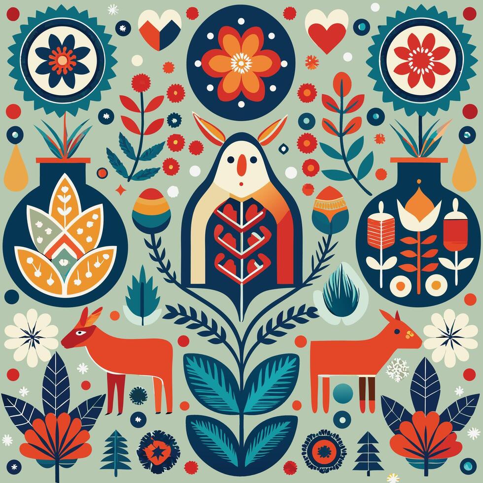 Folk art floral pattern with animals and plants vector