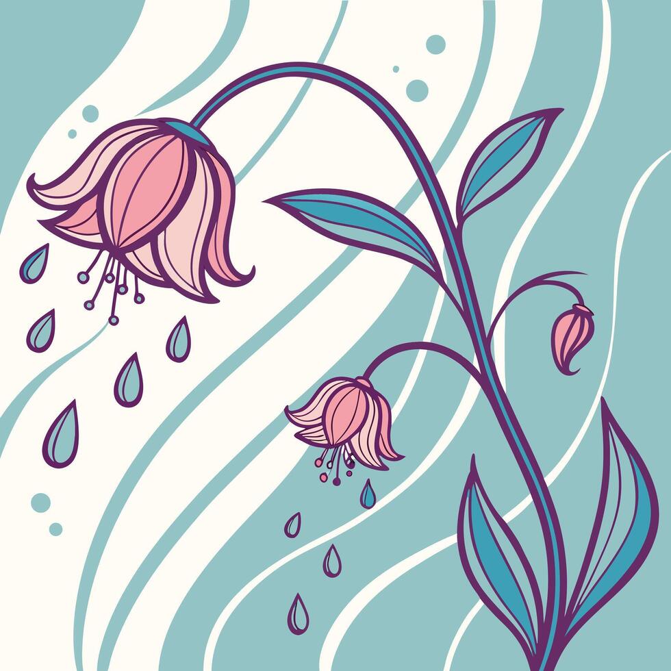 Delicate pink bell flowers with falling raindrops on a wavy blue background vector