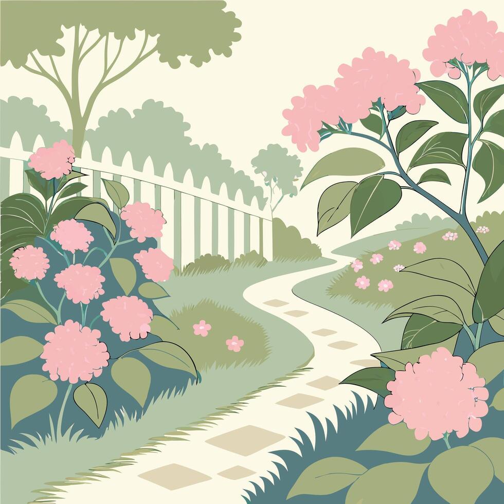 Charming garden path lined with pink hydrangeas and a white picket fence vector