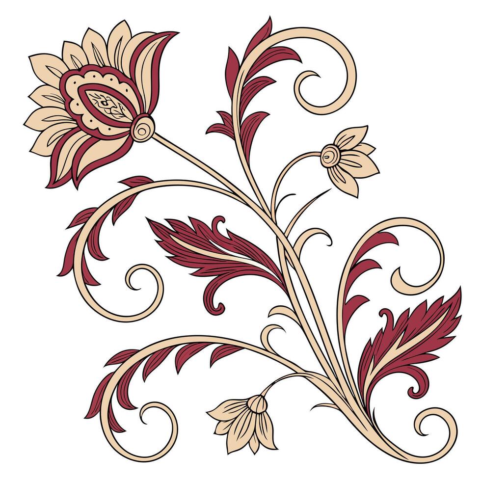 Elegant floral swirls and blossoms in burgundy and cream create a classic decorative motif vector