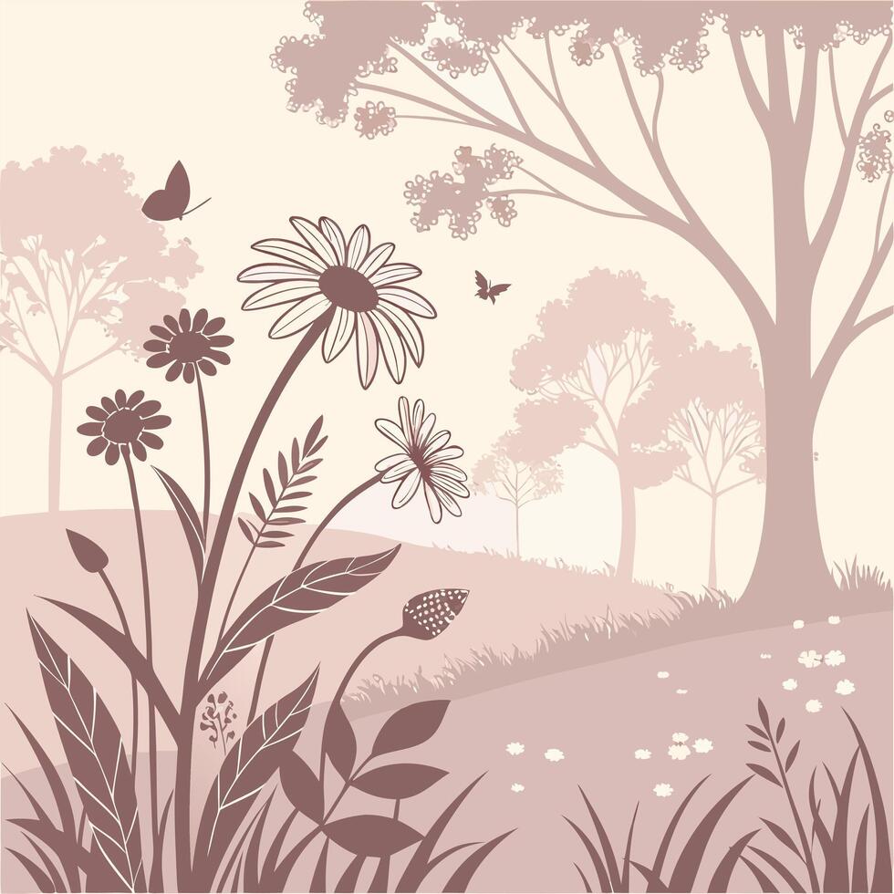 Serene meadow landscape with delicate daisies and butterflies amidst softly silhouetted trees vector