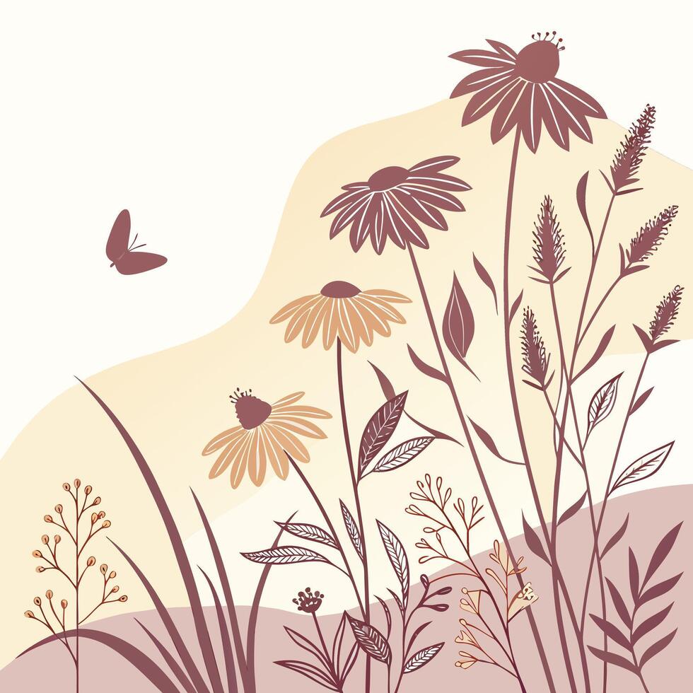 A delicate illustration of coneflower plants and grasses with a butterfly in a serene meadow setting vector