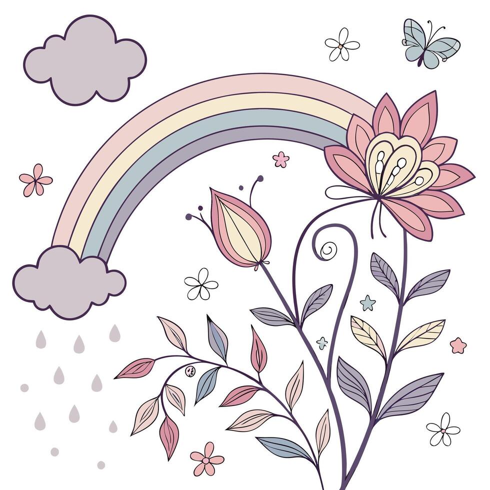 Whimsical pastel rainbow and blooming flowers with butterfly and rain vector