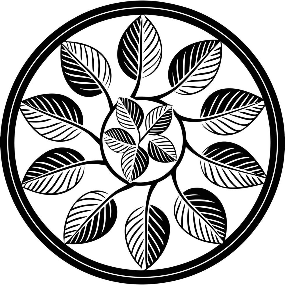 Circular black and white leaf mandala design vector