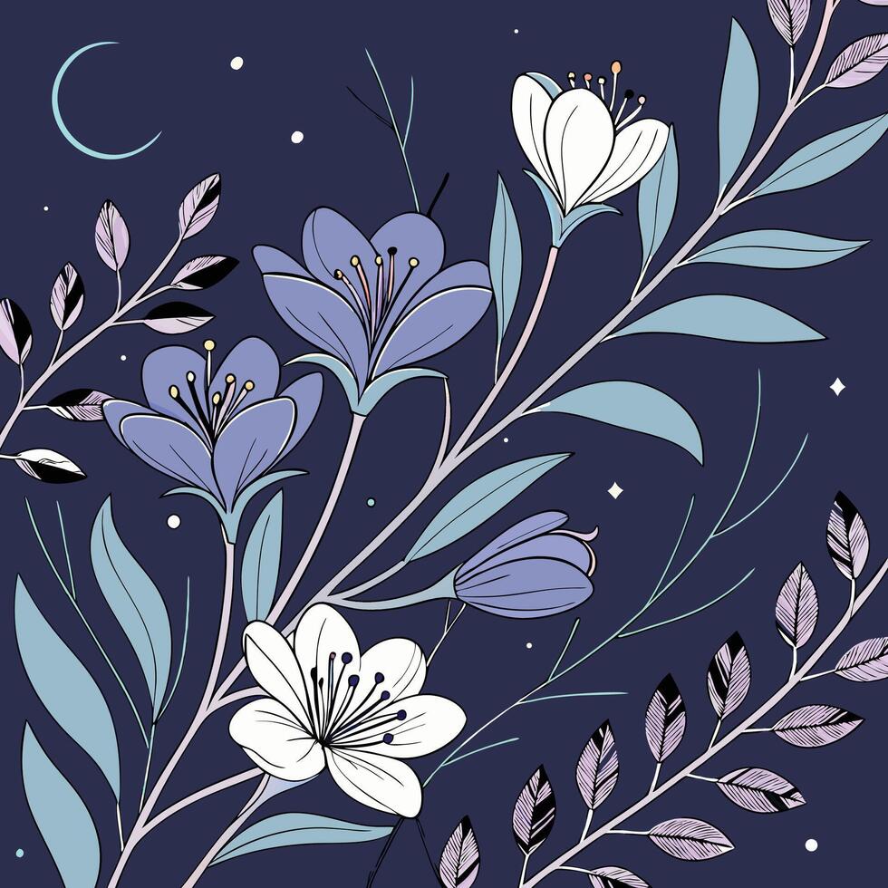 Enchanting night garden with blooming flowers and crescent moon vector
