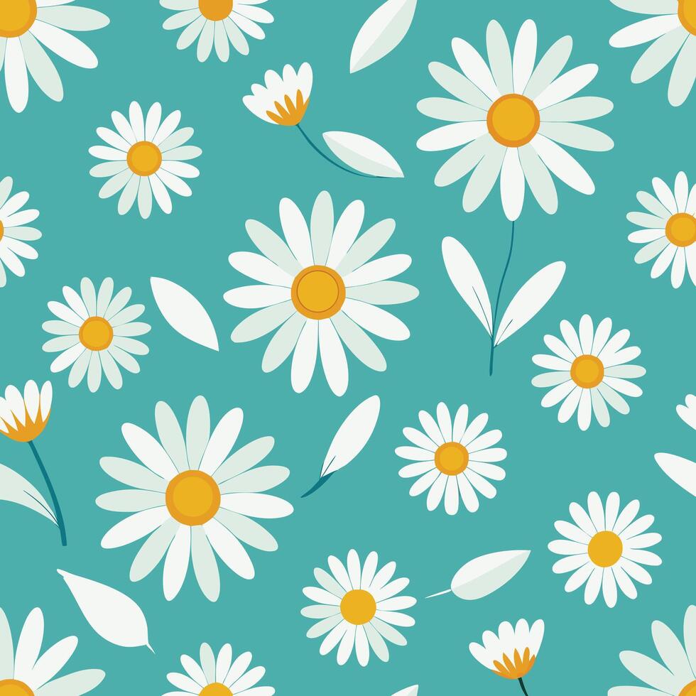 Seamless pattern of white daisies on teal background vector
