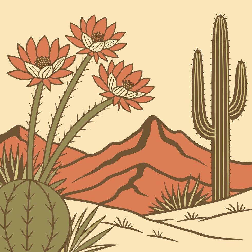 Vibrant desert landscape featuring blooming cacti and majestic saguaro against a backdrop of rolling terracotta mountains and a pale sky vector
