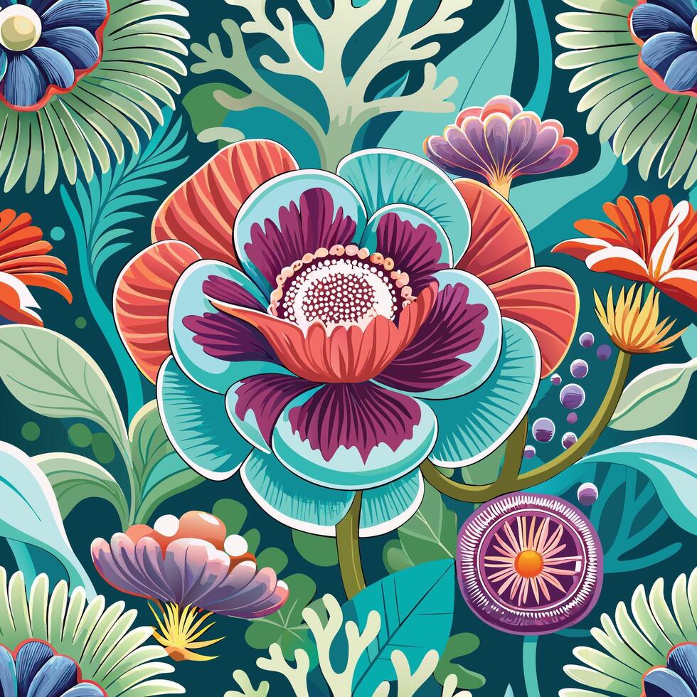 Vibrant teal and coral floral seamless pattern vector