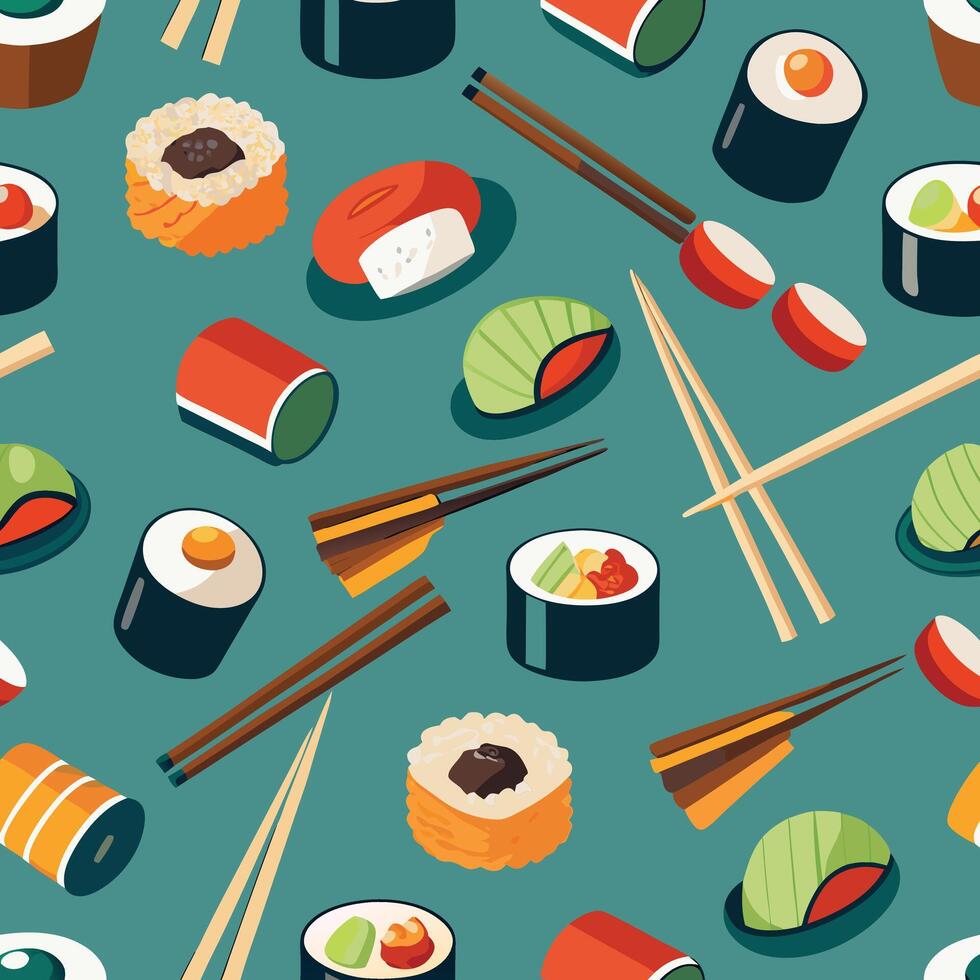 Seamless Sushi Pattern with Chopsticks Colorful Japanese Food Digital Design vector