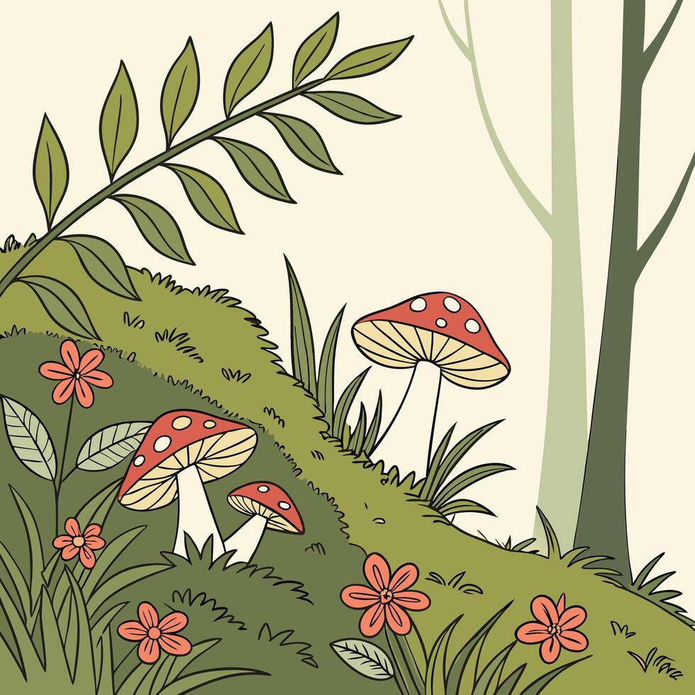 Enchanting forest floor with red spotted mushrooms and delicate flowers vector