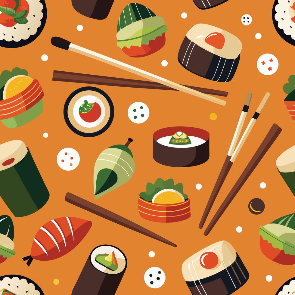 Colorful seamless pattern of sushi and chopsticks vector