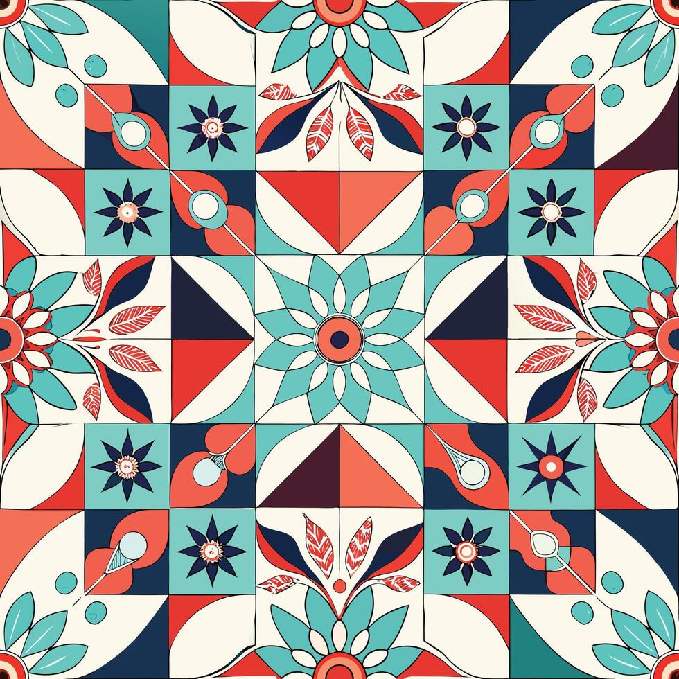 Seamless teal and coral geometric floral pattern vector
