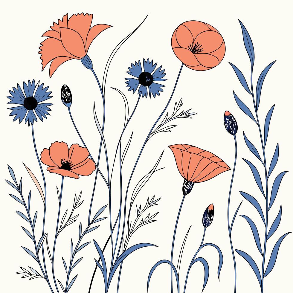 Delicate coral poppies and blue cornflowers bloom in a field vector