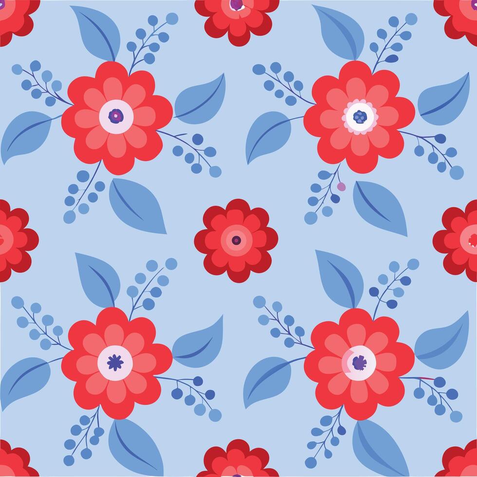 Seamless pattern red flowers blue leaves background vector