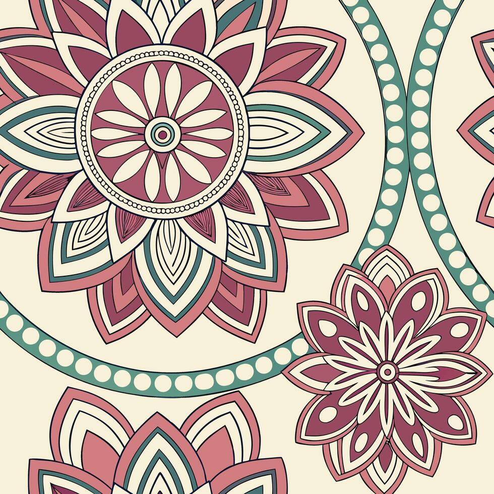 Intricate floral mandala pattern in burgundy teal and cream colors vector