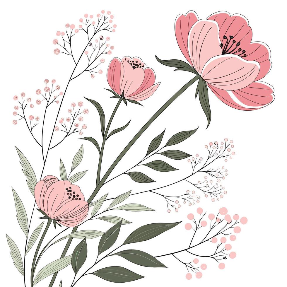 Delicate pink floral illustration with a variety of blooming flowers and delicate sprigs of berries and leaves on a white background vector