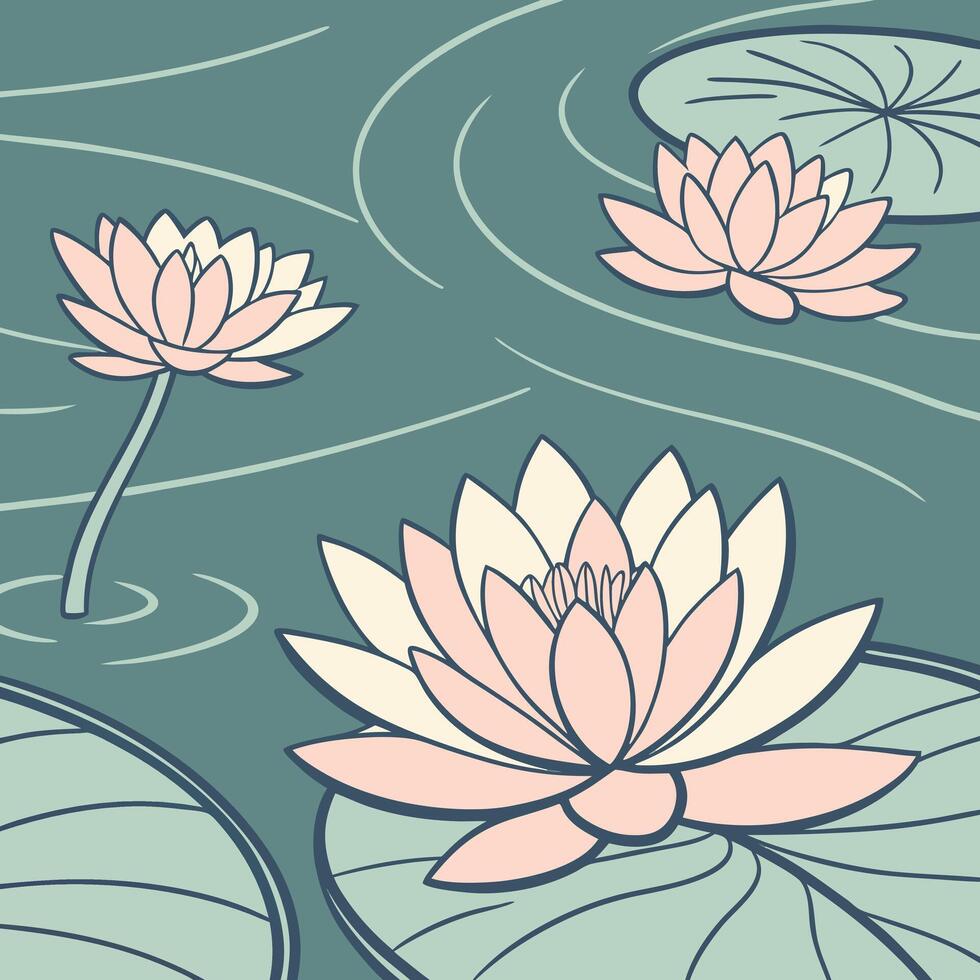 Serene water lilies bloom on a calm pond with gentle ripples vector