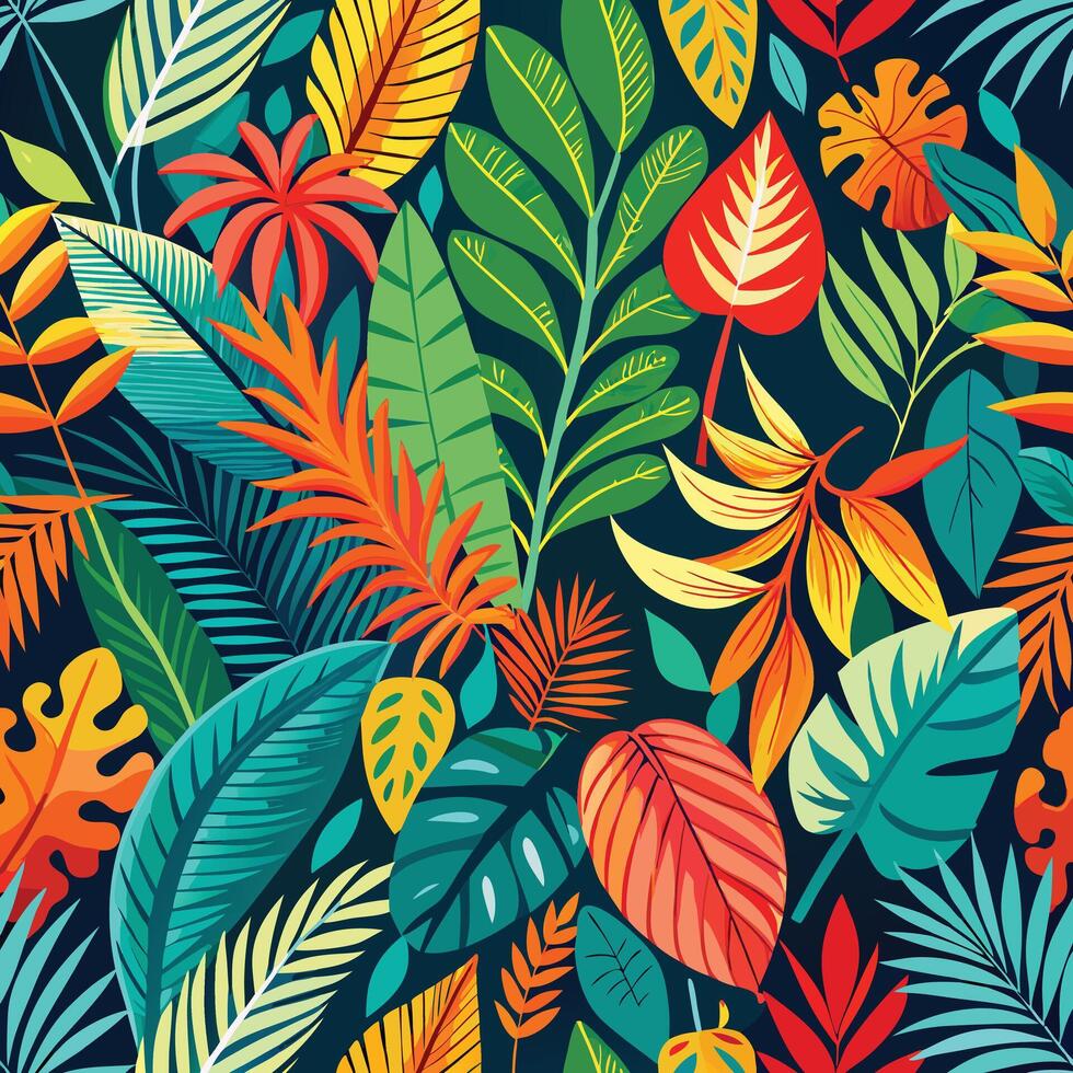 Vibrant tropical leaf and flower seamless pattern vector