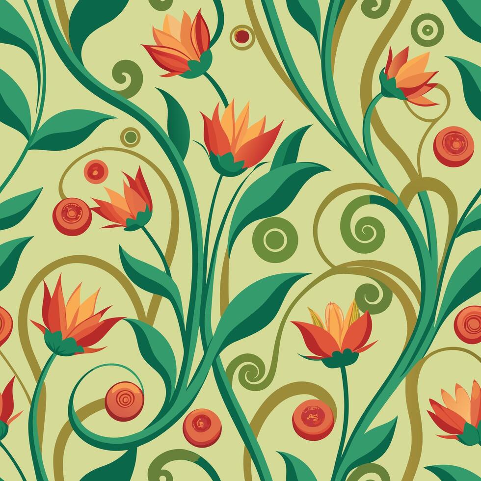 Seamless pattern with orange flowers and green vines vector
