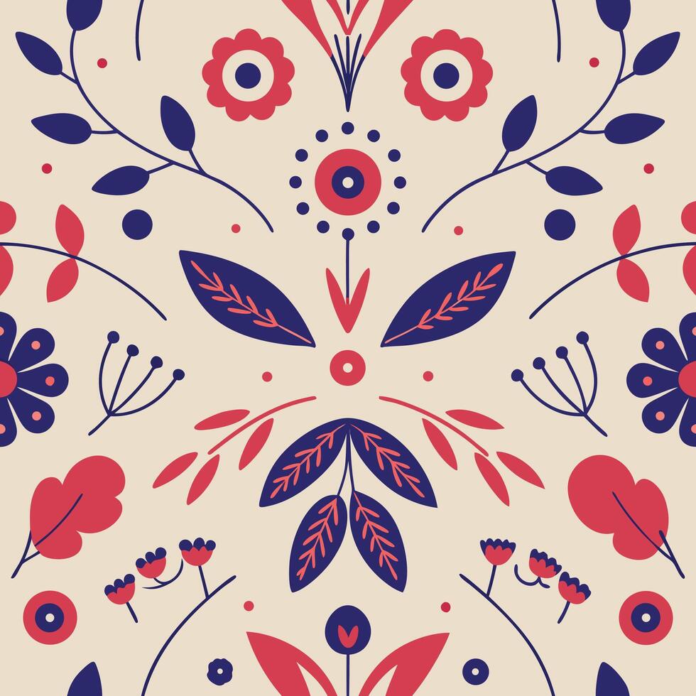 Seamless pattern with red and blue floral design vector