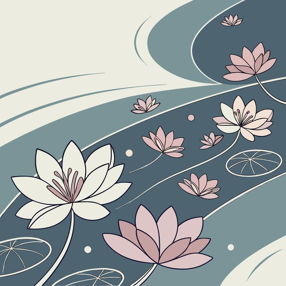 Serene water lilies floating on a calm blue pond with gentle waves vector