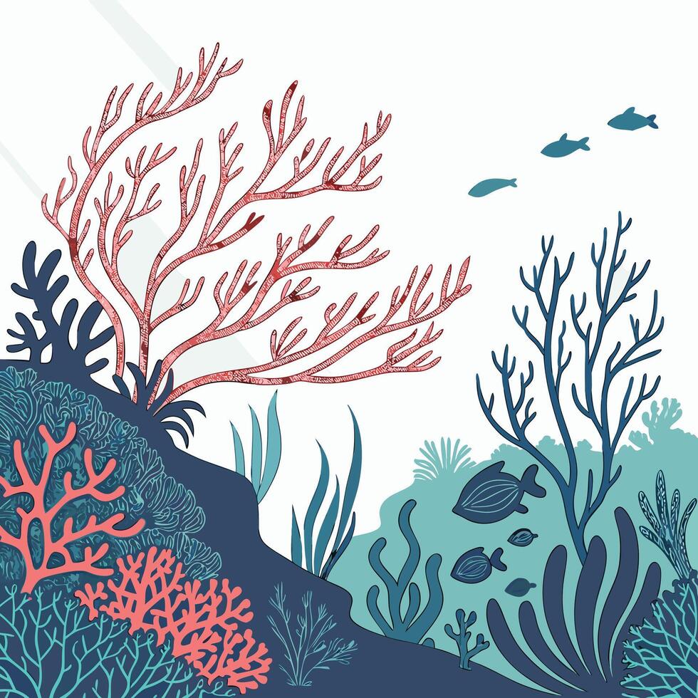 Colorful Coral Reef Illustration with Fish and Sea Plants in Ocean Scene vector