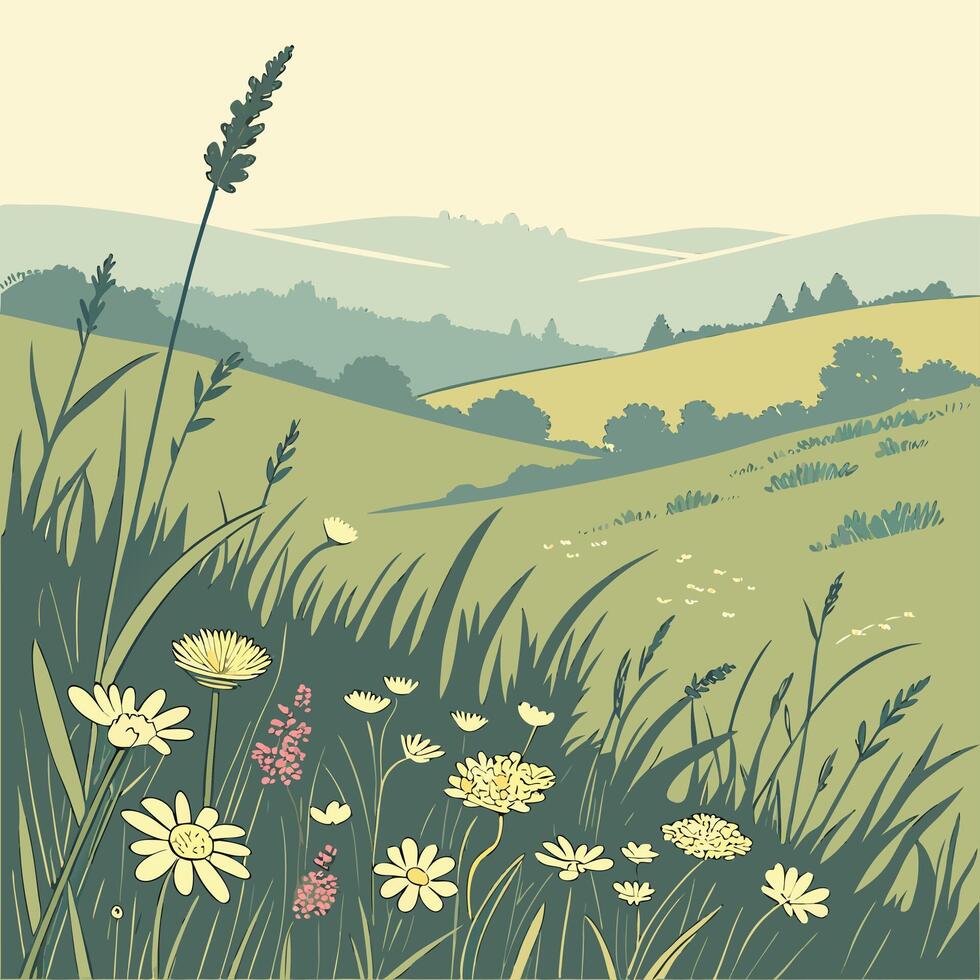 Idyllic rolling hills landscape with wildflowers and tall grass vector