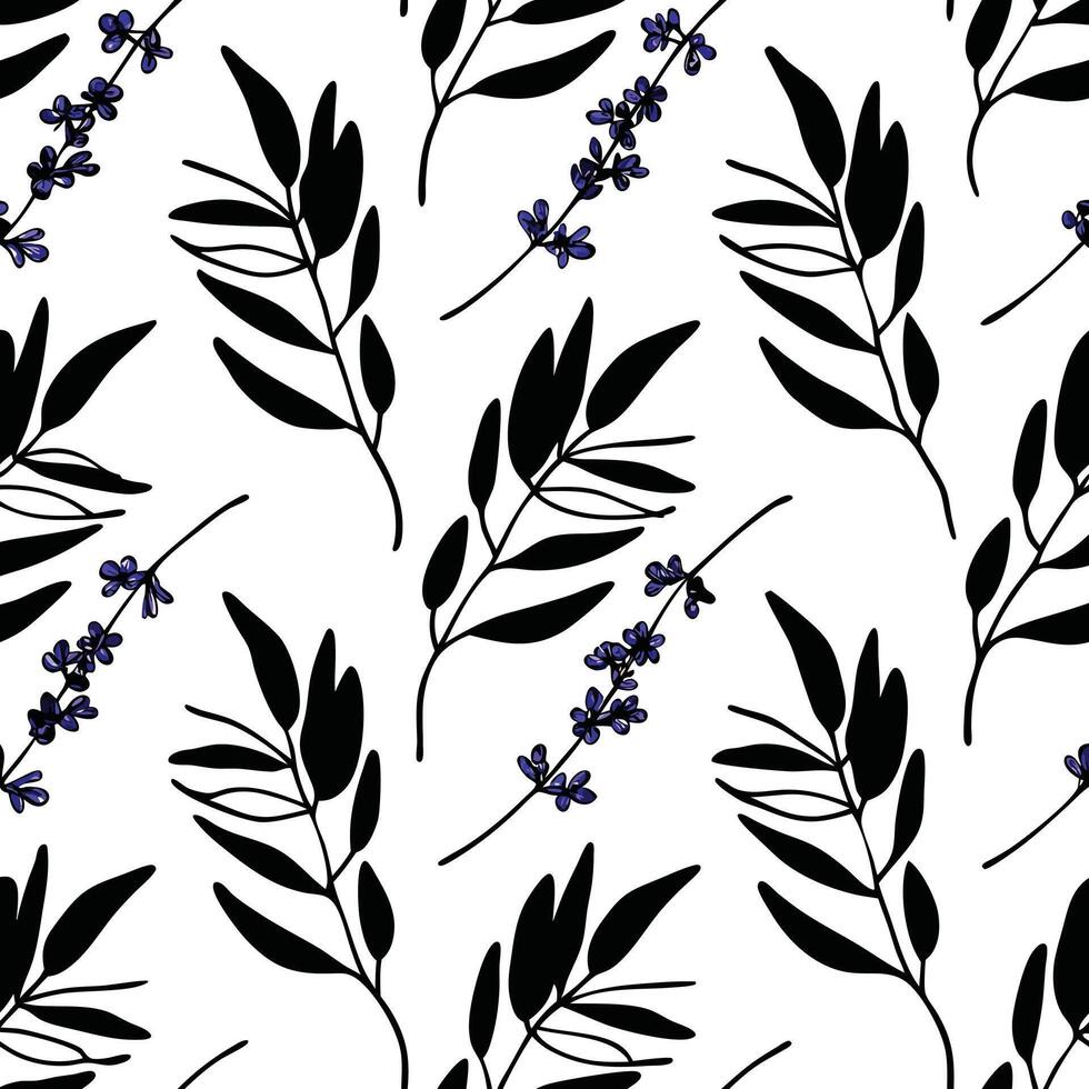 Seamless pattern black leaves and purple lavender flowers vector
