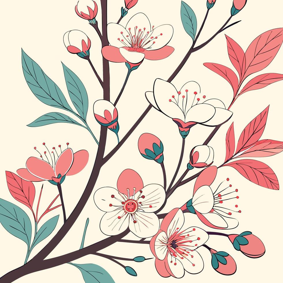 Delicate cherry blossoms and buds adorn dark branches on a creamy background vector